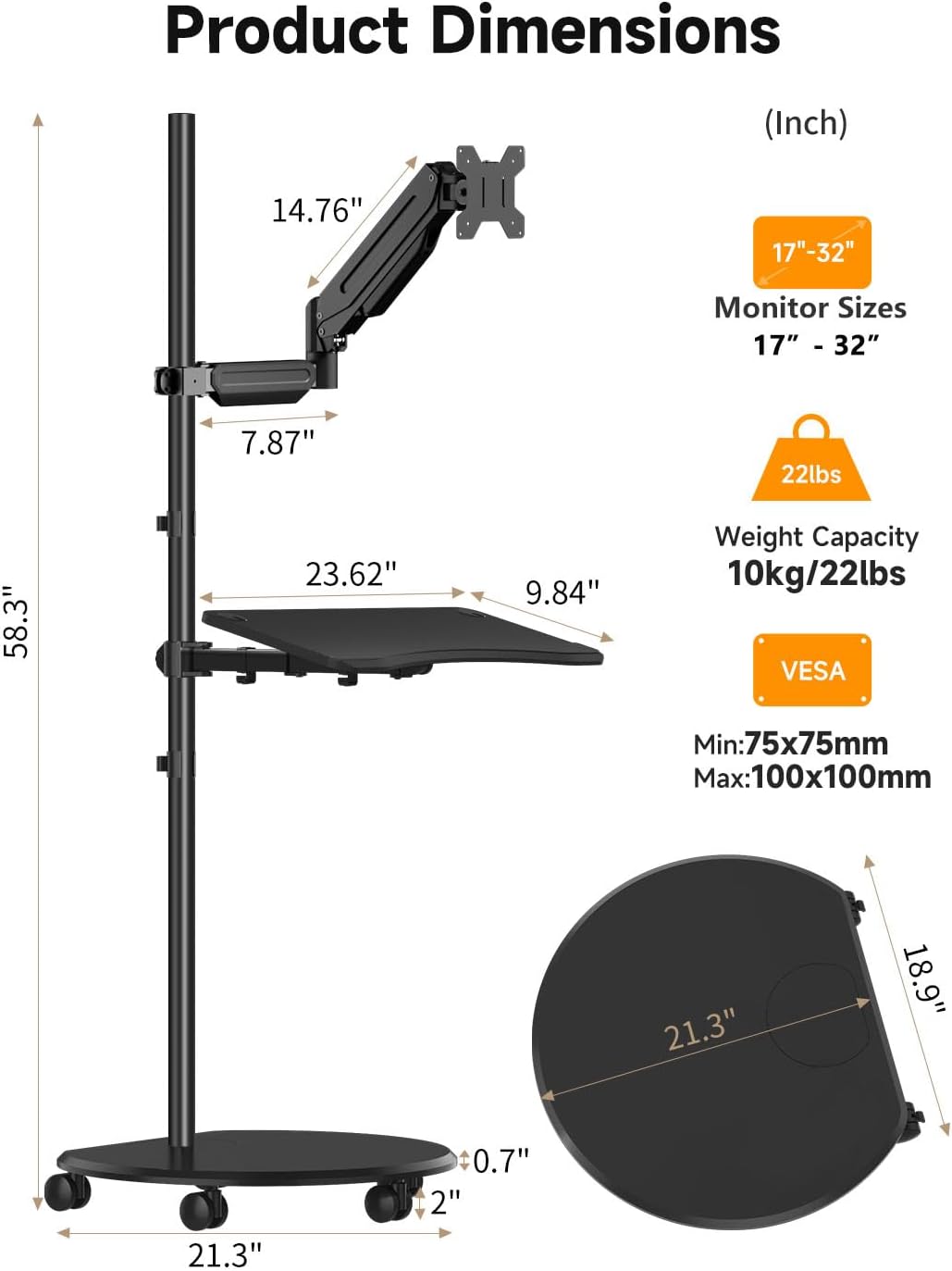 suptek Mobile Desk Workstation with Monitor Mount for up to 32" Screen, Rolling Computer Cart on Wheels,Full Keyboard Tray, CPU Holder image 2