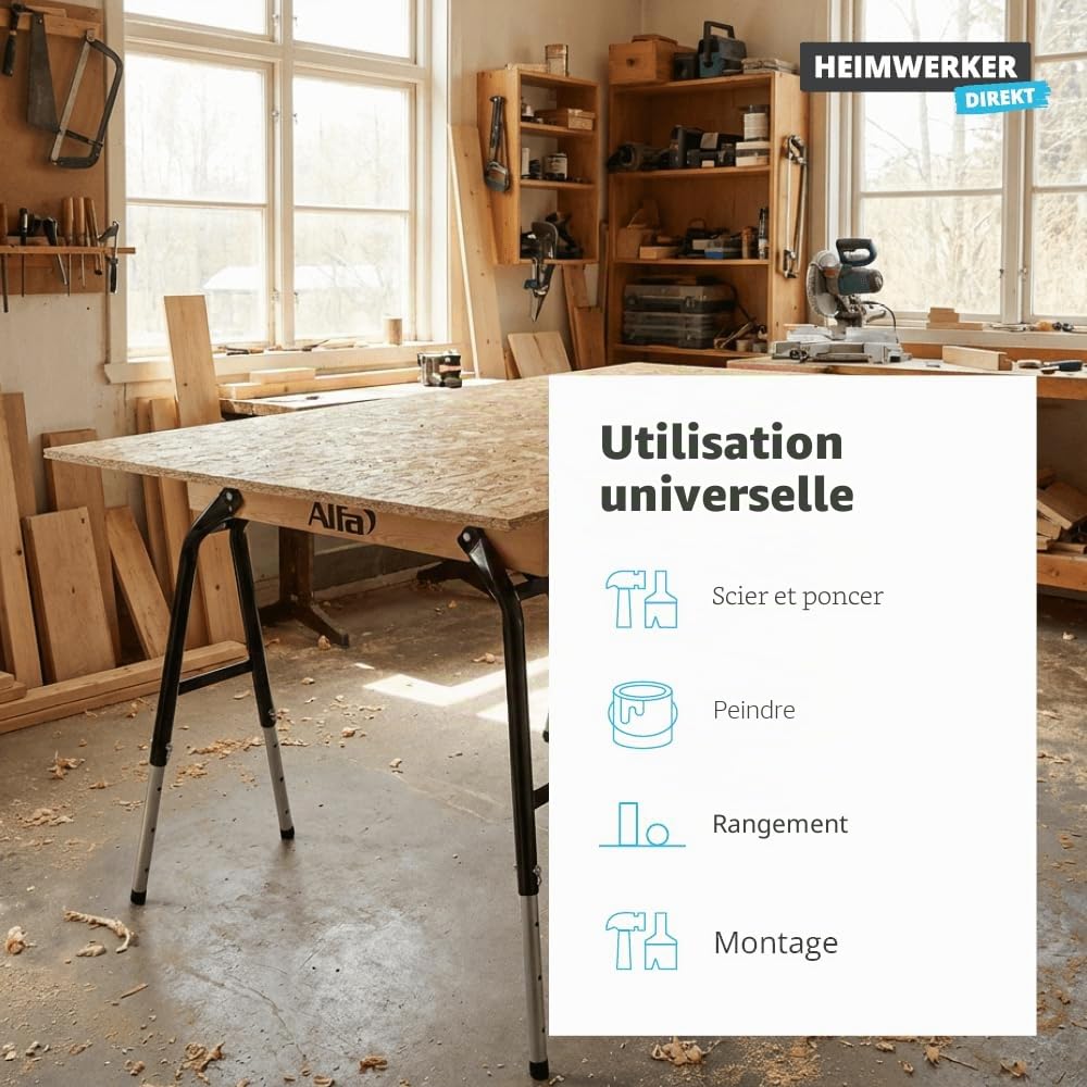 Alfa Tréteaux de chantier pliants – Supports de travail – 2 pièces | Tréteaux de travail réglables en hauteur en acier robuste et bois, charge maximale : 300 kg, pratique et peu encombrant
