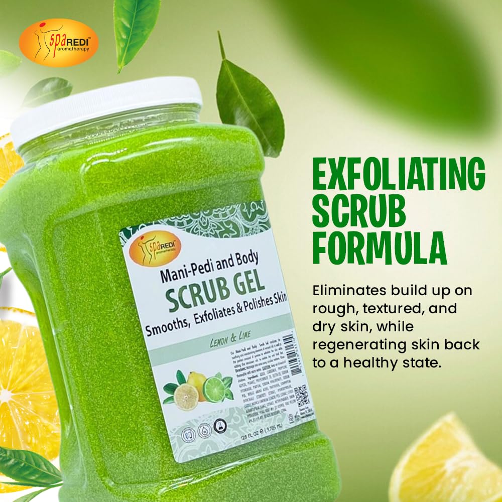SPA REDI – Lemon & Lime Pumice Scrub Gel, Exfoliating, Hydrating & Nourishing, Infused with Hyaluronic Acid, Amino Acids, Panthenol and Comfrey Extract for Glowy Smooth Skin – 128oz Gallon