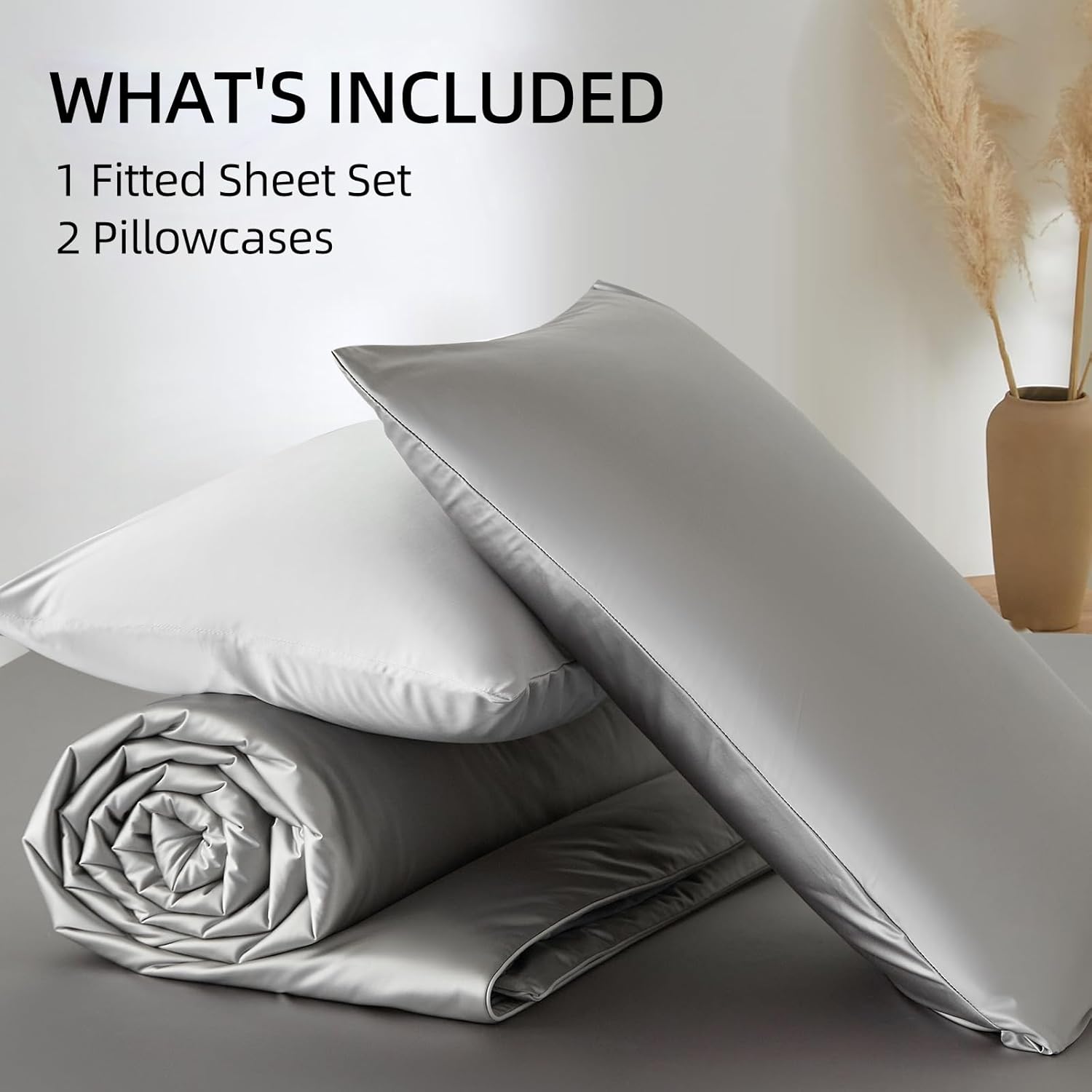 Satin King Sheet Set 3-Pc, 80"x78" - Ultra-Soft Cooling, 15" Deep Pocket Fitted Sheet & 2 Pillowcases, Hypoallergenic Wrinkle-Free, Luxury Hotel (Gray)