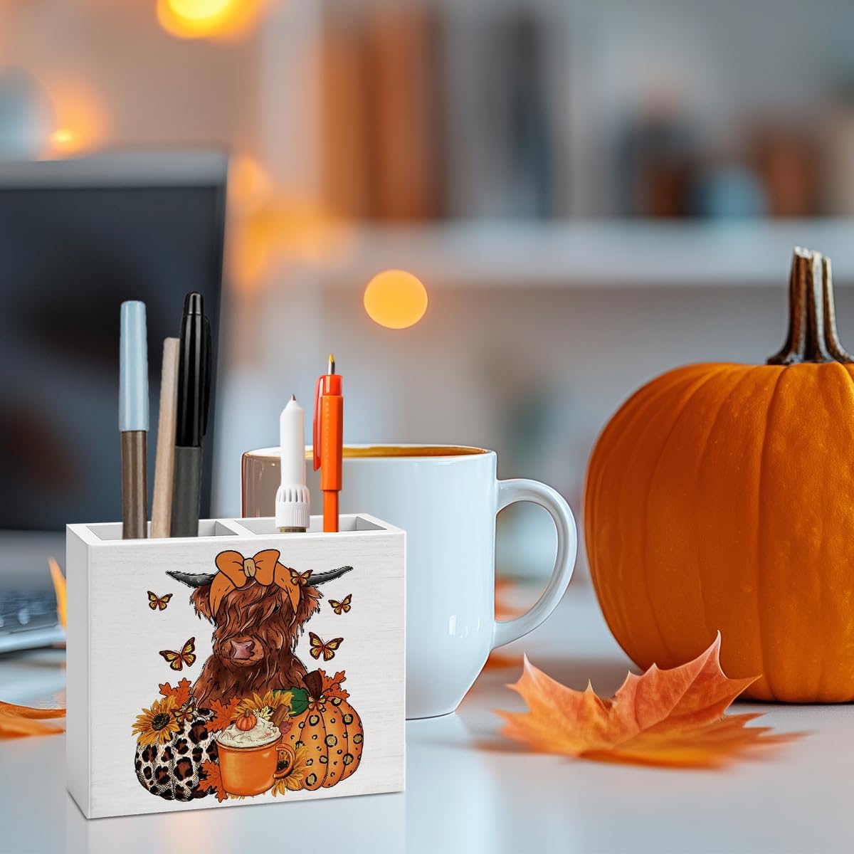 Funny Fall Decor - Sunflower Western Highland Cow Sign Wooden Pencil Holder image 5