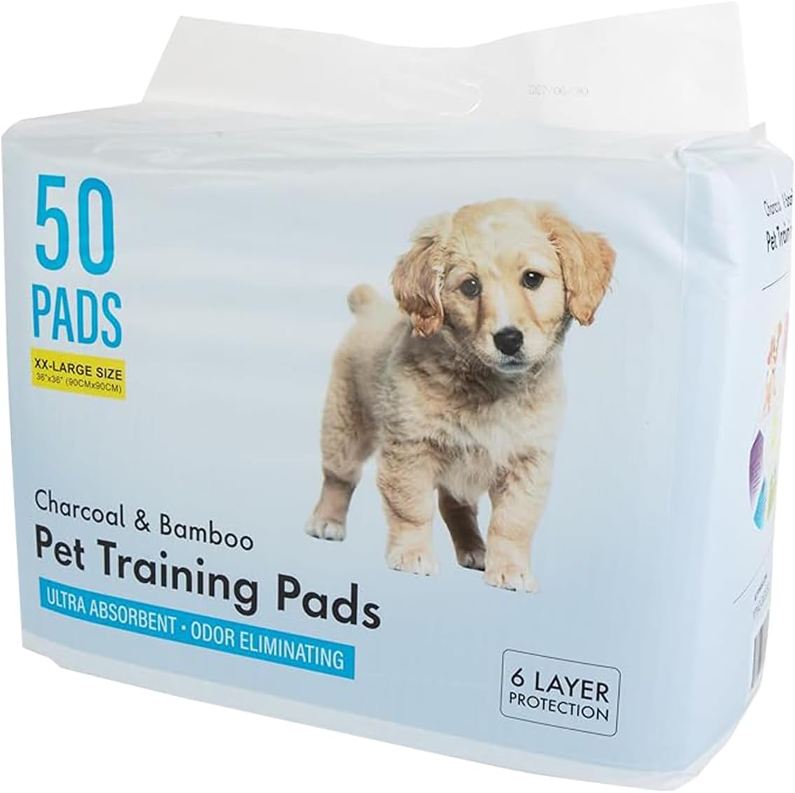 Epsilon Activated Charcoal Bamboo Odor Control Puppy Pads – 50 Count, Large Disposable Pee Pads w/ Super Quick Absorbent & 6-Layer Leak-Proof for Puppies & Cats - 36 x 36