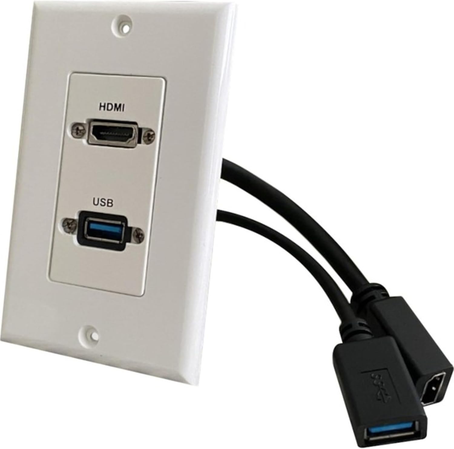 HDMI and USB-A 3.0 Pass-Through Single Gang Decorative Wall Plate with Pigtail - White