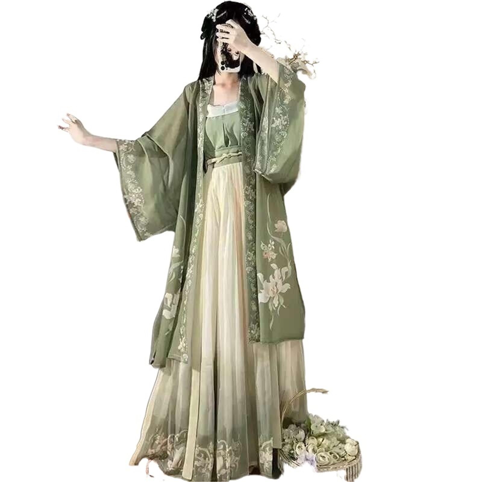 HIMKSRE Women Chinese Traditional Cosplay Costume Ancient Song Dynasty Hanfu Dress Spring Summer 3Pcs Green Sets Plus Size XL(XS)