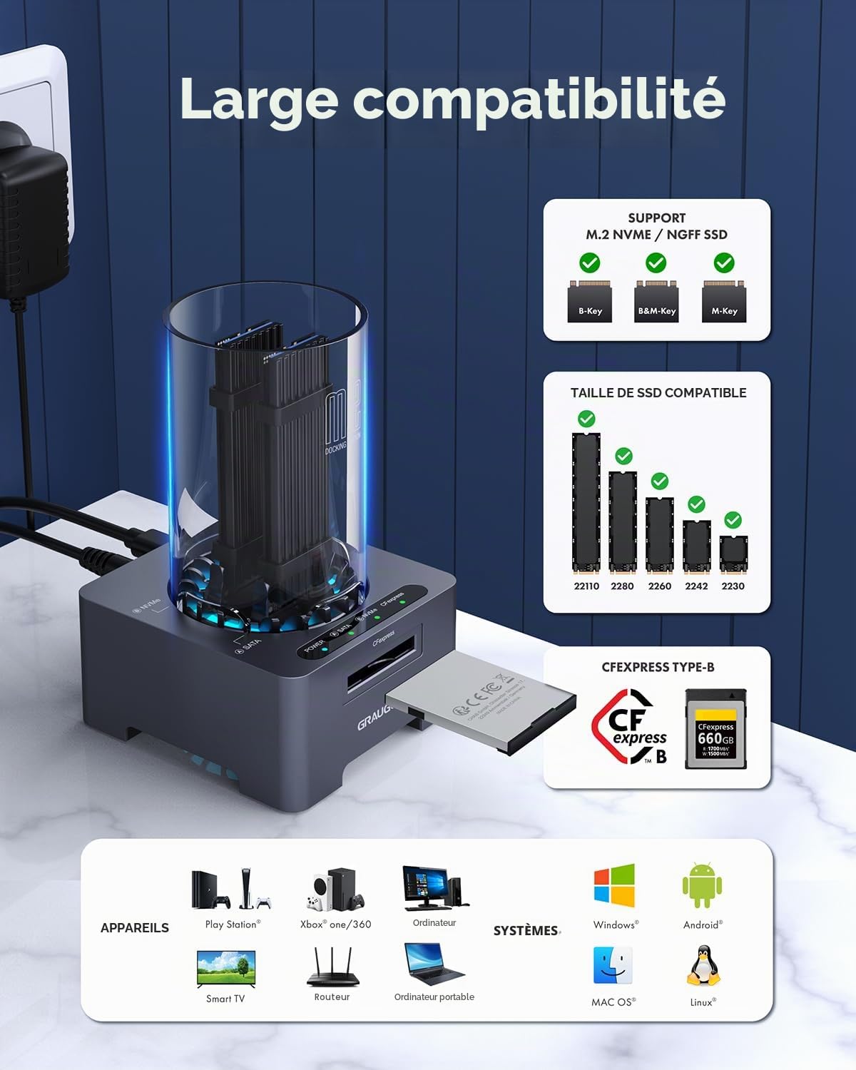 Station d'accueil SSD M.2, chipset JMS581LT pour Tous Les SSD NVMe et NGFF, Lecteur de Carte CFexpress Type B, USB3.2 Gen2 10 Gbit/s, Ventilateur Silencieux 60 mm, 2 câbles, Bloc d'alimentation