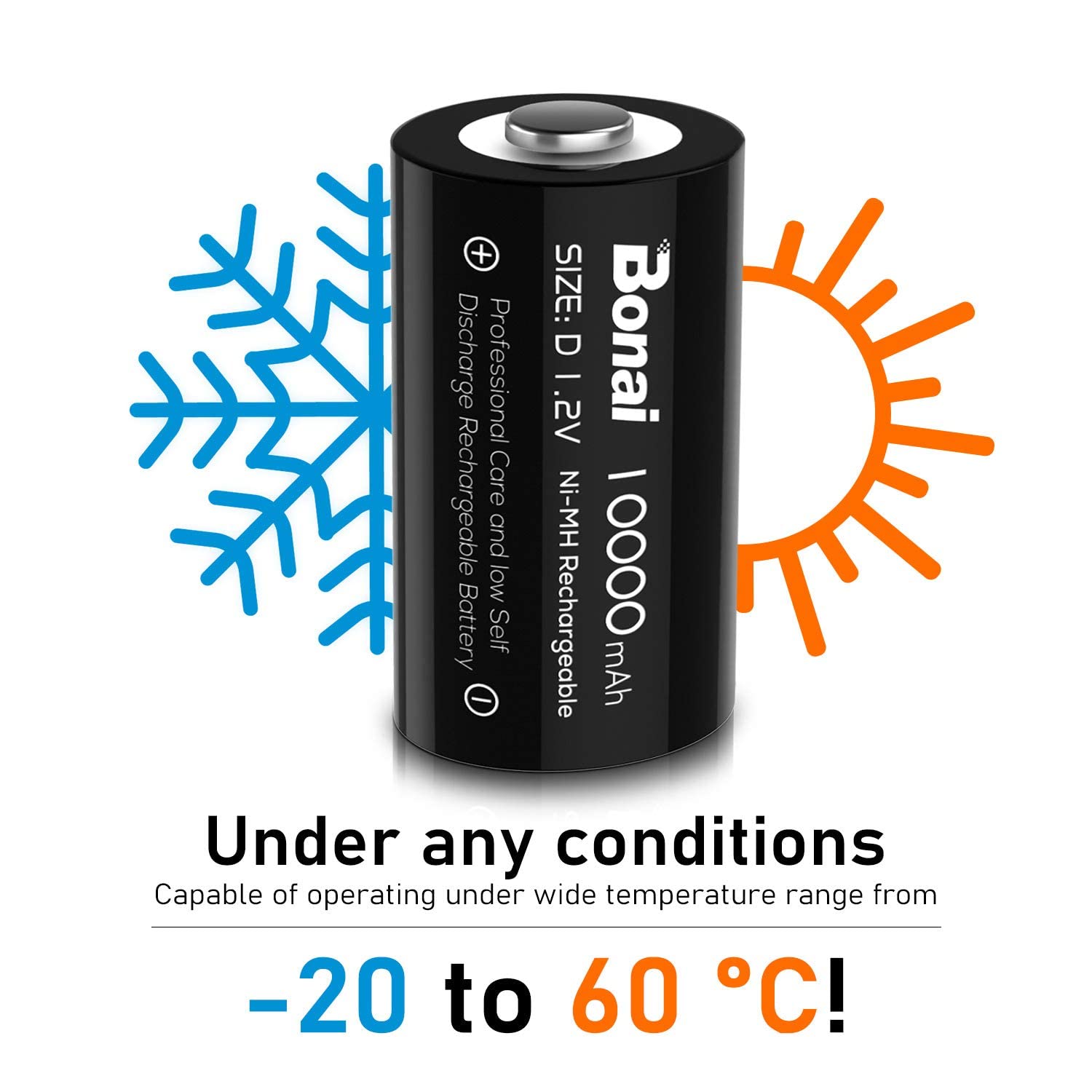 BONAI Rechargeable Batteries D LR20 10000mAh Ni-MH 1.2V Accu, Type D Baby D LR20 Rechargeable Battery 1200 Cycles, Low Self-Discharge Long Life (4 Batteries)