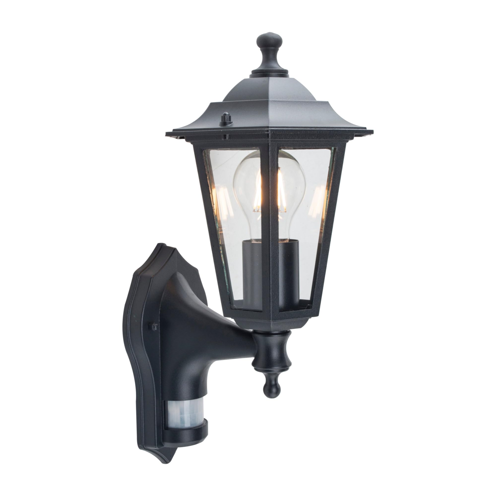 Firstchoicelighting Black & Clear Classic Outdoor Garden Porch Security Wall Light, Pir Motion Sensor Activated, Black Six Sided Glass Lantern, Ip44 Rated Waterproof, Led Compatible