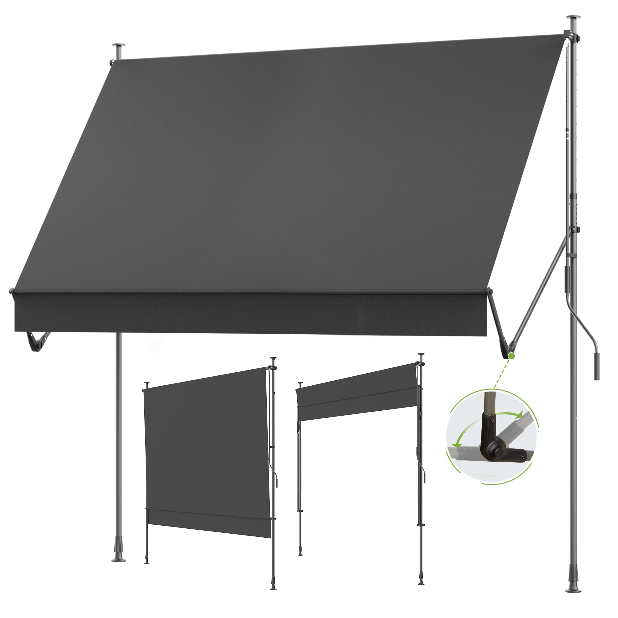 BelleMax Klemmmarkise ohne Bohren mit Handkurbel, 2026 Upgrade 2-in-1-Balkonmarkise mit Faltbarem Seitenarm, UV-Schutz & Sonnenschutz, Wasserdicht Höhenverstellbar Anthrazit 250 cm x (125 + 25 cm)