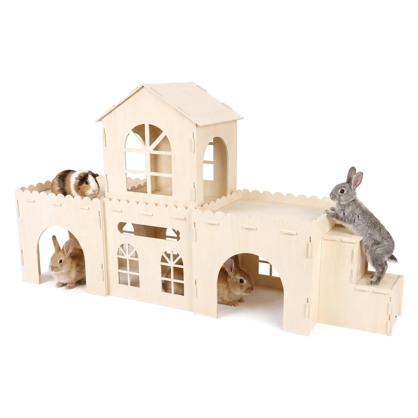 Extra Large Wooden Rabbit Castle, 5-In-1 Detachable Rabbit Hutch, Bunny House & Hideout With Stairs, Wooden Playhouse rabbit hideaway For Rabbits, Guinea Pigs, Chinchillas