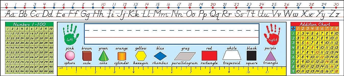 Carson Dellosa 36PC Modern Manuscript Name Plate for Desk, Nametags with Alphabet, Number Line, Ruler, Addition Chart, Colors and Shapes, and More Classroom Essentials