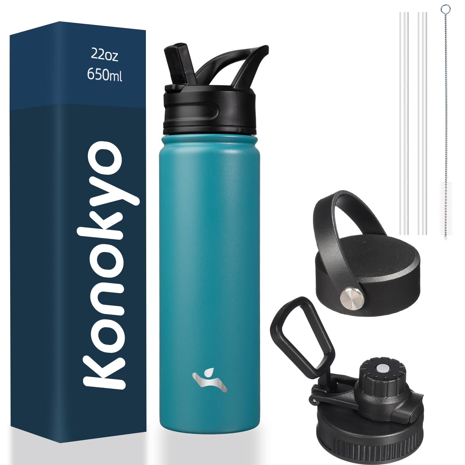 Konokyo Insulated Water Bottle with Straw,22oz 3 Lids Metal Bottles Stainless Steel Water Flask,Light Blue