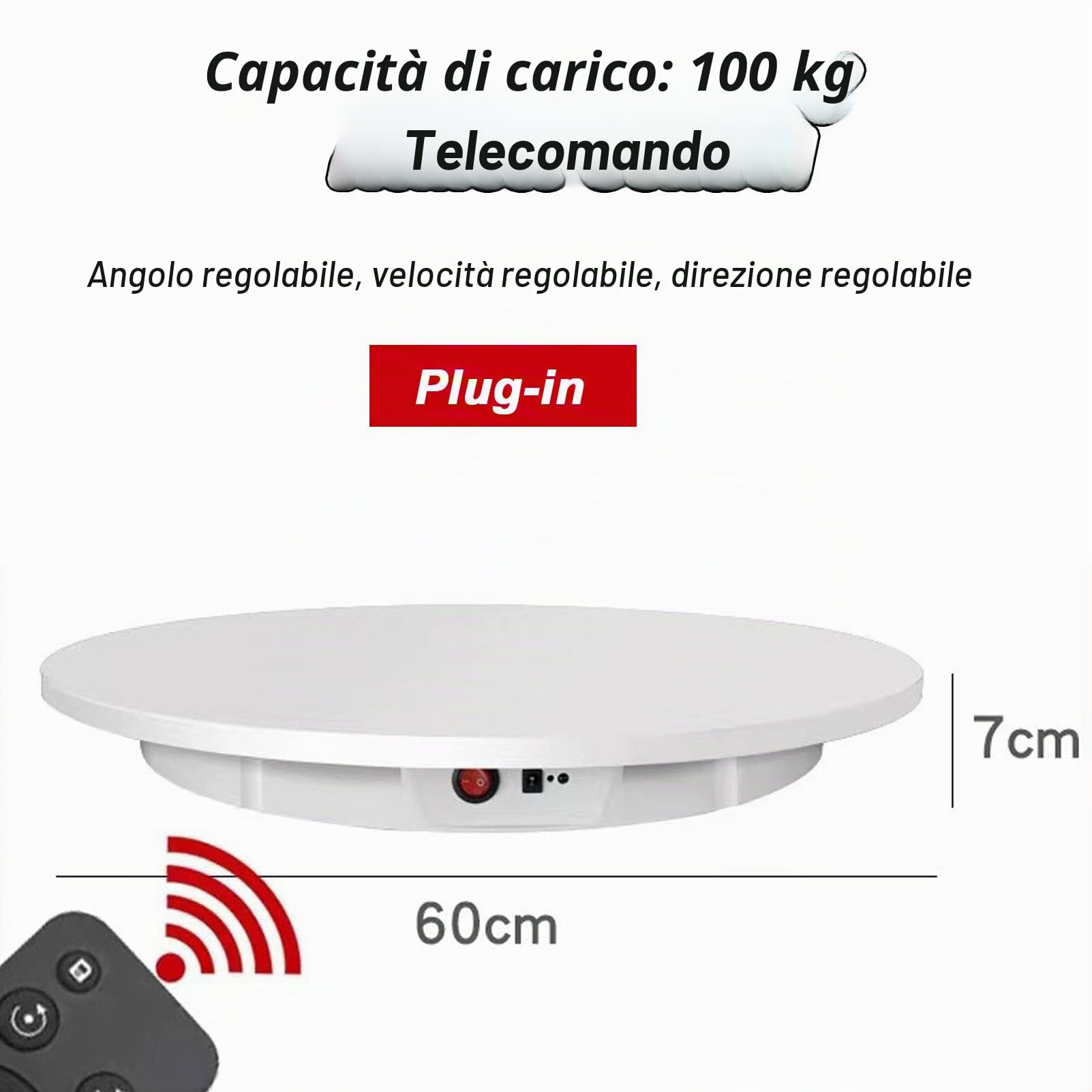 Piatto Girevole Elettrico per Fotografia, Espositore con Rotazione Automatica A 360° con Controllo Remoto, Carico 100Kg, Piattaforma Girevole Automatica 42Cm/60Cm,White-60CM