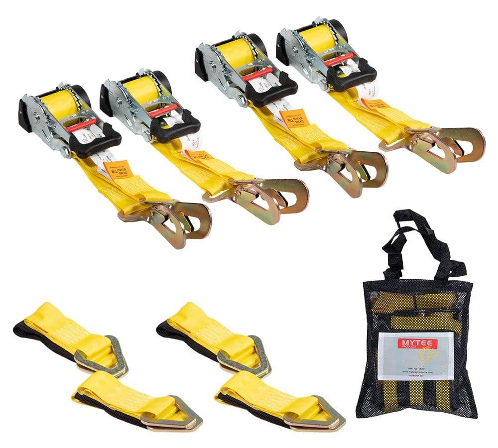 Mytee Products 4Pack 1''x12' Retractable Ratchet Straps Kit w/Snap Hook, Axle Straps w/Delta Ring, Protective Sleeve, Storage Bag - Self Ratcheting Tie Down Strap w/500 lbs WLL for Boat, Jet Ski, ATV