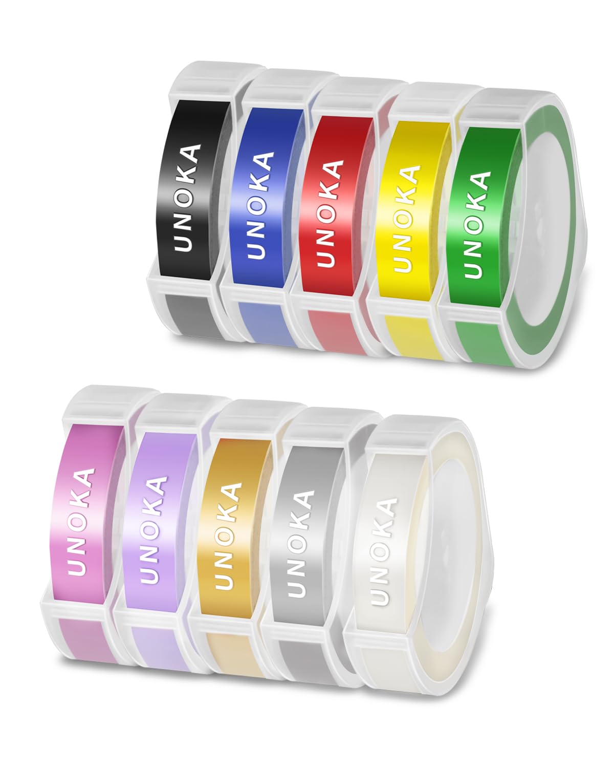 UNOKA Embossing Label Maker Tape Refills Replace for DYMO Organizer Xpress Embossed 1540 1550 1570 12965, Light Pink/Light Purple/Gold/Yellow/Silver/Clear/Black/Blue/Red/Green, 3/8in x 9.8ft, 10PK