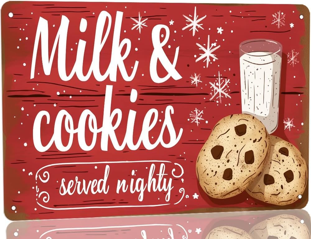 SMAZDFXX Festive Christmas Decor Metal Tin Sign - Milk & Cookies Served Nightly Vintage Style Christmas Signs Wall Art Decorative Poster for Home Kitchen Restaurant Cafe Garage 8"x12"