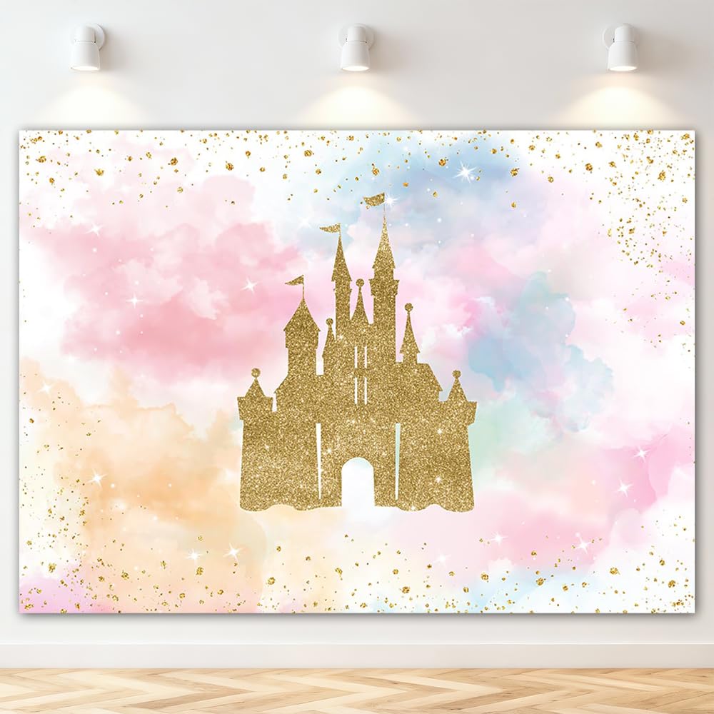 Mocsicka Princess Castle Birthday Backdrop Watercolor Pastel Rainbow Birthday Background Gold Glitter Royal Party Cake Table Decoration Photo Booth