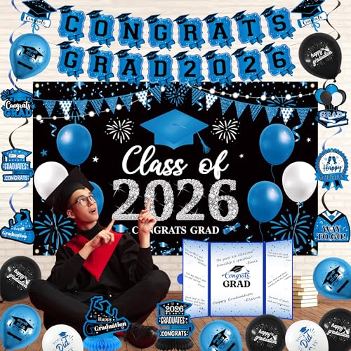 Image of Vlipoeasn Blue 2026 Graduation Party Decorations 2026 College /High School Graduation Decorations Party Supplies, Class of 2026 Congrats Grad Backdrop Banner Signature Book