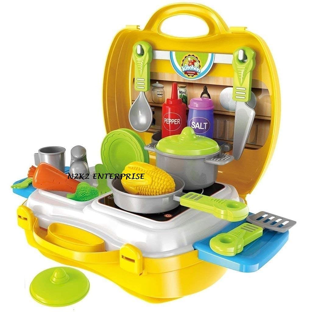 N2K2 ENTERPRISE Portable Luxury Suitcase Shape Kitchen Set Pretend Play Toys with Briefcase Cooking Set with Accessories for Kids Boys Girls (Multicolor) (Dream Kitchen Set)