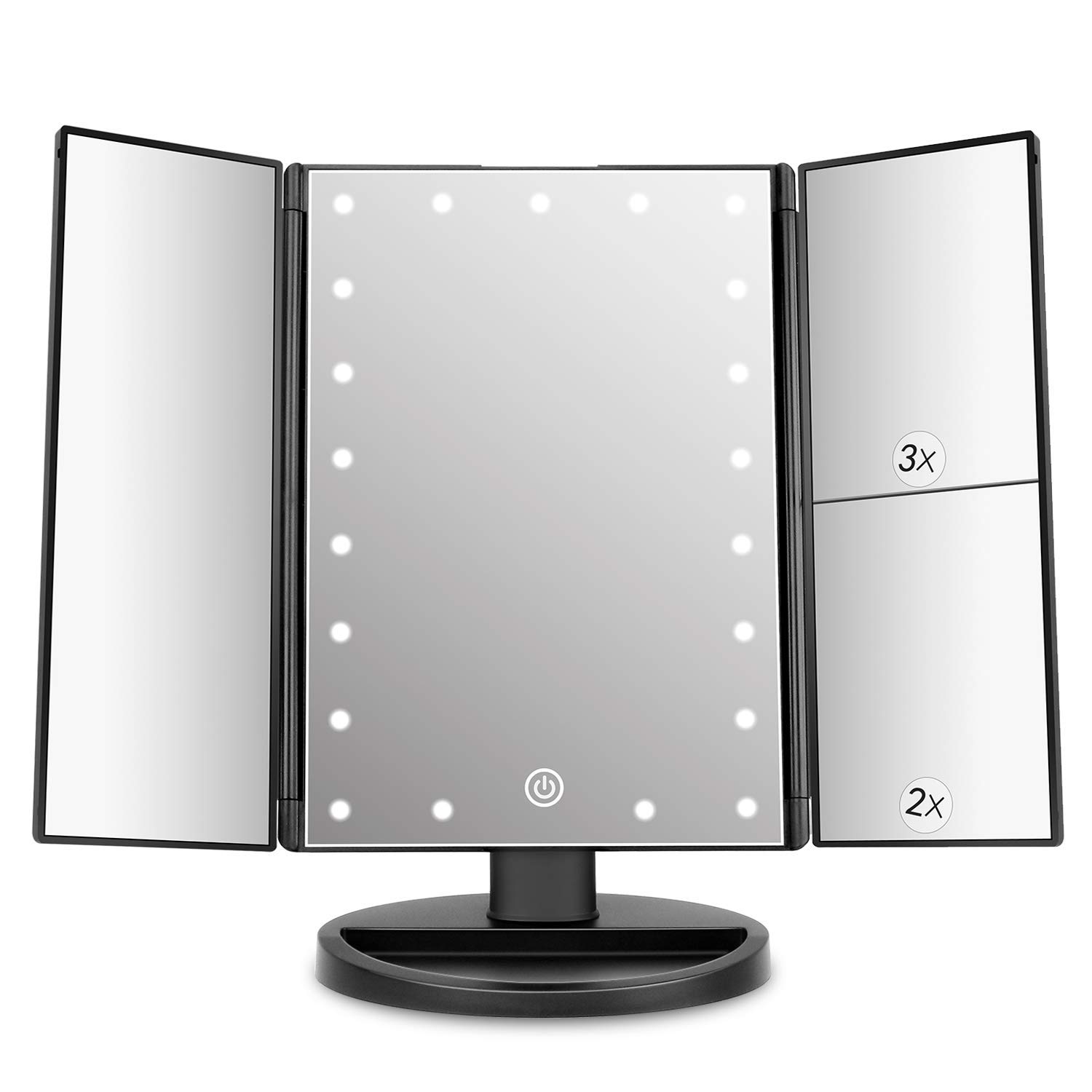 DEWEISN Specchio Trucco con 21 LEDs, Specchio di Vanity Trifold Ruota di 180° Ingrandimento 1x / 2x / 3x Specchio per Il con Touchscreen per Il Trucco e la Cura Della Pelle (Nero)