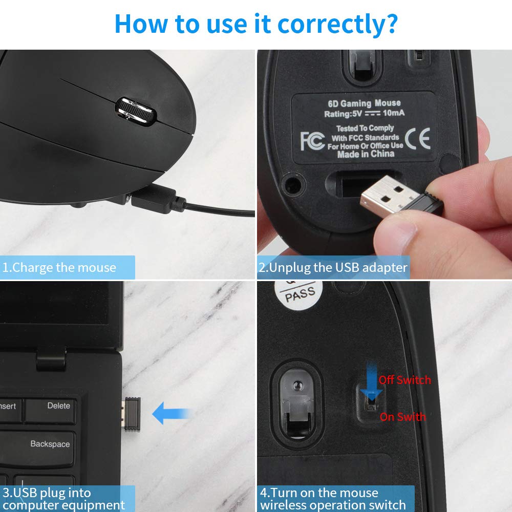 Senli - Ratón inalámbrico Recargable, 2.4 GHz, diseño ergonómico Vertical, inalámbrico, silencioso, con USB, para Windows, Mac OS, 800/1200/1600 dpi, 5 Teclas, Especialmente amigable con los Brazos
