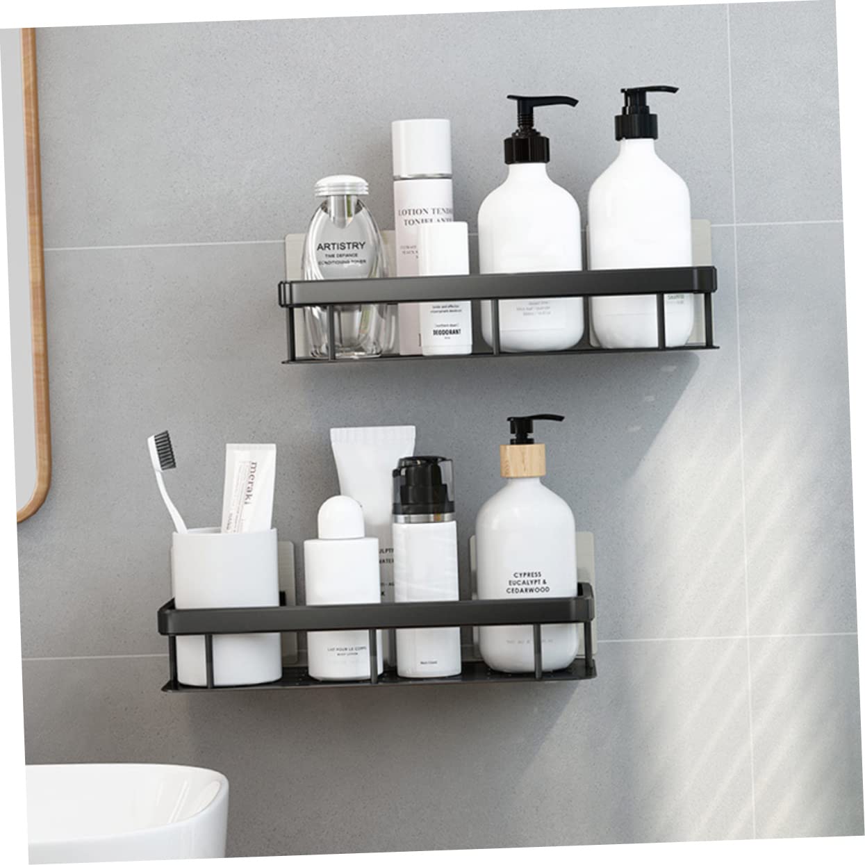 OUNONA 1Pc Wall Mounted Storage Rack Aluminum Utility Shelf for Kitchen Bathroom Black with Traceless Stickers Nail Installation Ventilated Design for Organizing