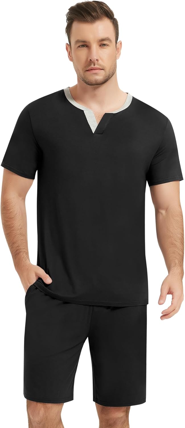 NACHILA Men's Pajamas Set -Viscose made from Bamboo,Cooling Sleepwear Raglan Top and Pajamas Shorts Soft Lounge Set
