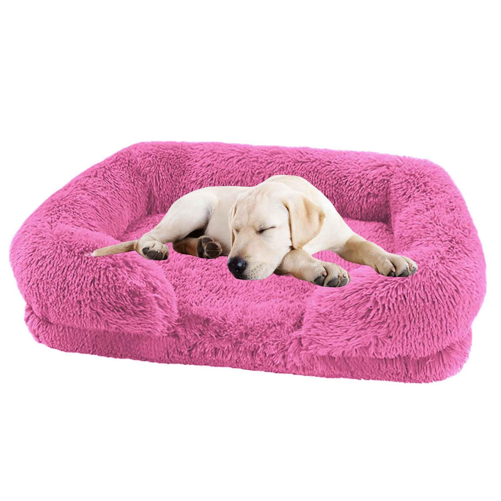 PJDDP Dog Bed with Luxury Fluffy Plush, Waterproof Dog Bed with Non Slip Bottom, Orthopedic Memory Foam Pet Bed, Washable Indestructible Dog Sofa for Small, Medium And Large Pets,pink,L
