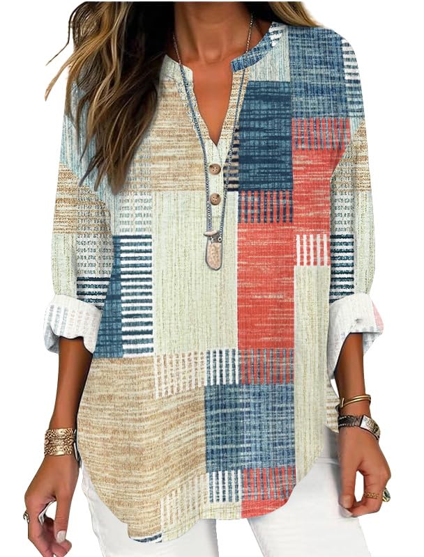 ETCYY NEW Womens Long Sleeve Tops V Neck Button Novelty Print Tunic Blouses Loose Fit Fall Outfits Clothes