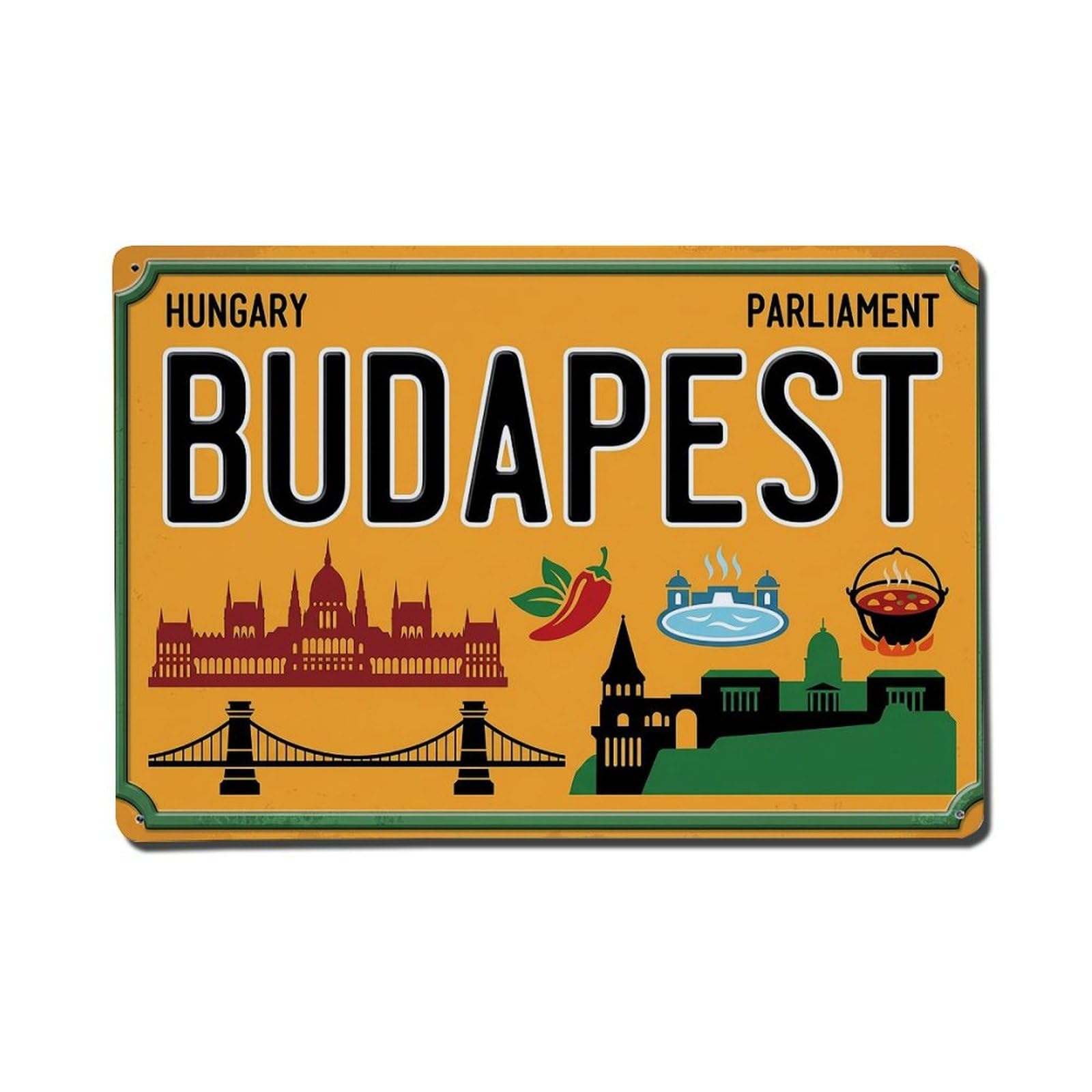 Cwbufd 8X12inch(20X30cm) Vintage Travel Budapest Hungary Parliament Paprika Metal Tin Sign Plaque Wall Decor For Cafe, Club Bar, Office, Garden Metal Poster 8X12inch