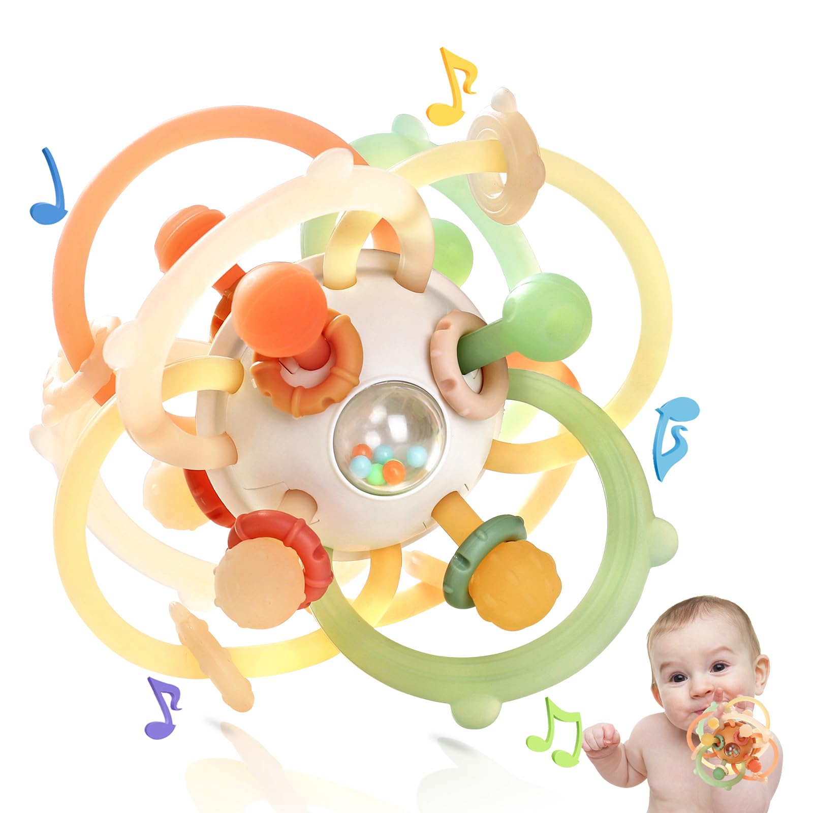 Orzbow Baby Sensory Teething Toys, Infant Montessori Teether Ball, Silicone Baby Rattle Ball Toy, Babies Chew Toys for 3-6-12-18 Months Sucking Needs,