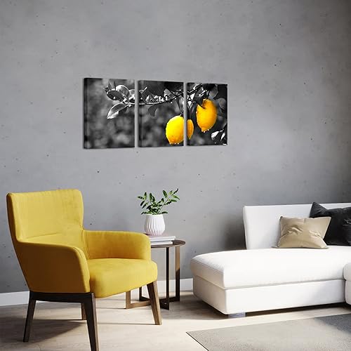Miniatura 3 de Nachic Wall Lienzo de cocina de 3 piezas, arte de pared de limón fresco, póster de frutas, arte moderno en blanco y negro, amarillo para decoración