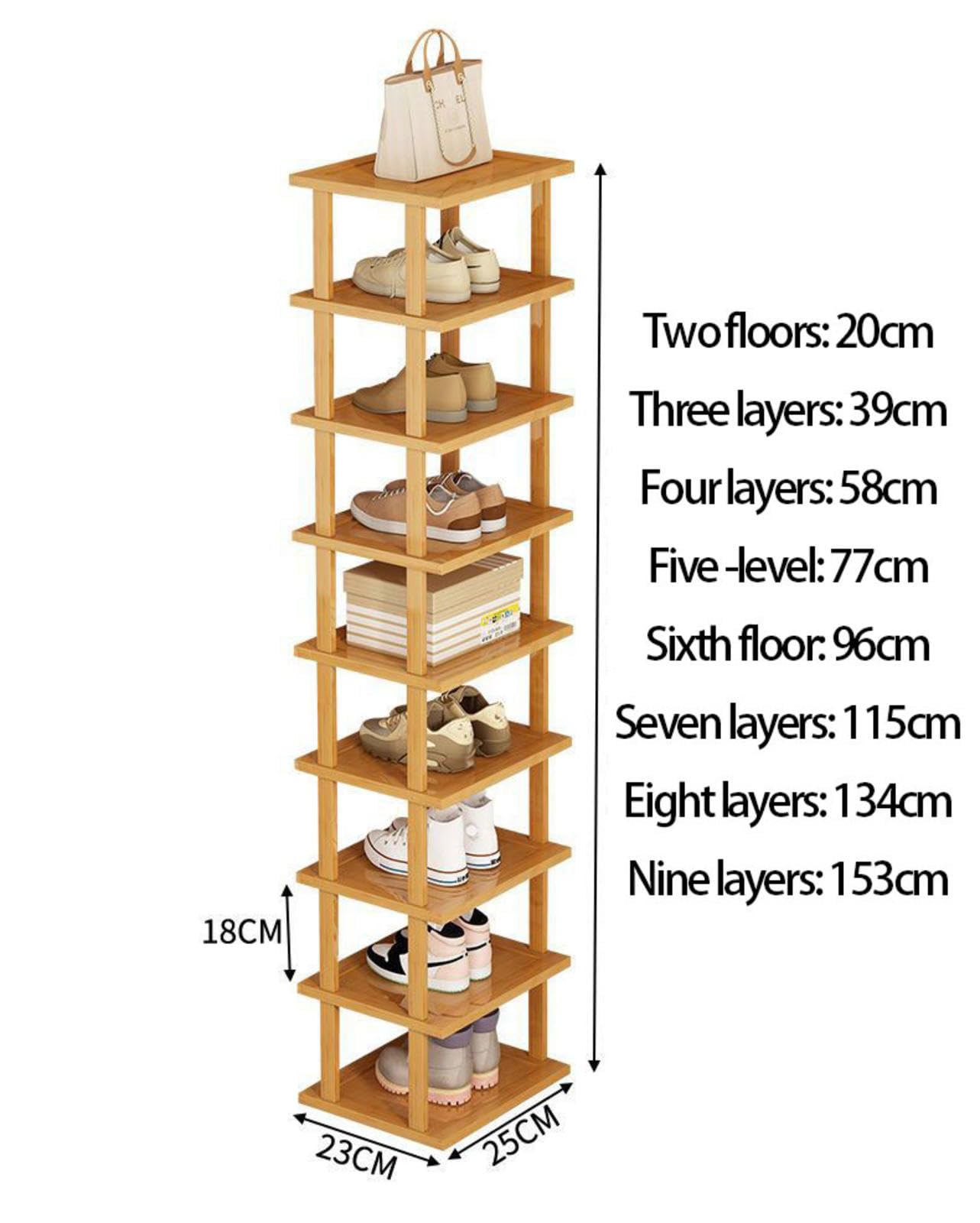 Zapatero extensible de bambú apilable para entrada, pasillo, dormitorio, armario, 9 niveles, para garaje, esquina, diseño minimalista, estante vertical para zapatos de pie, 65 cm de altura