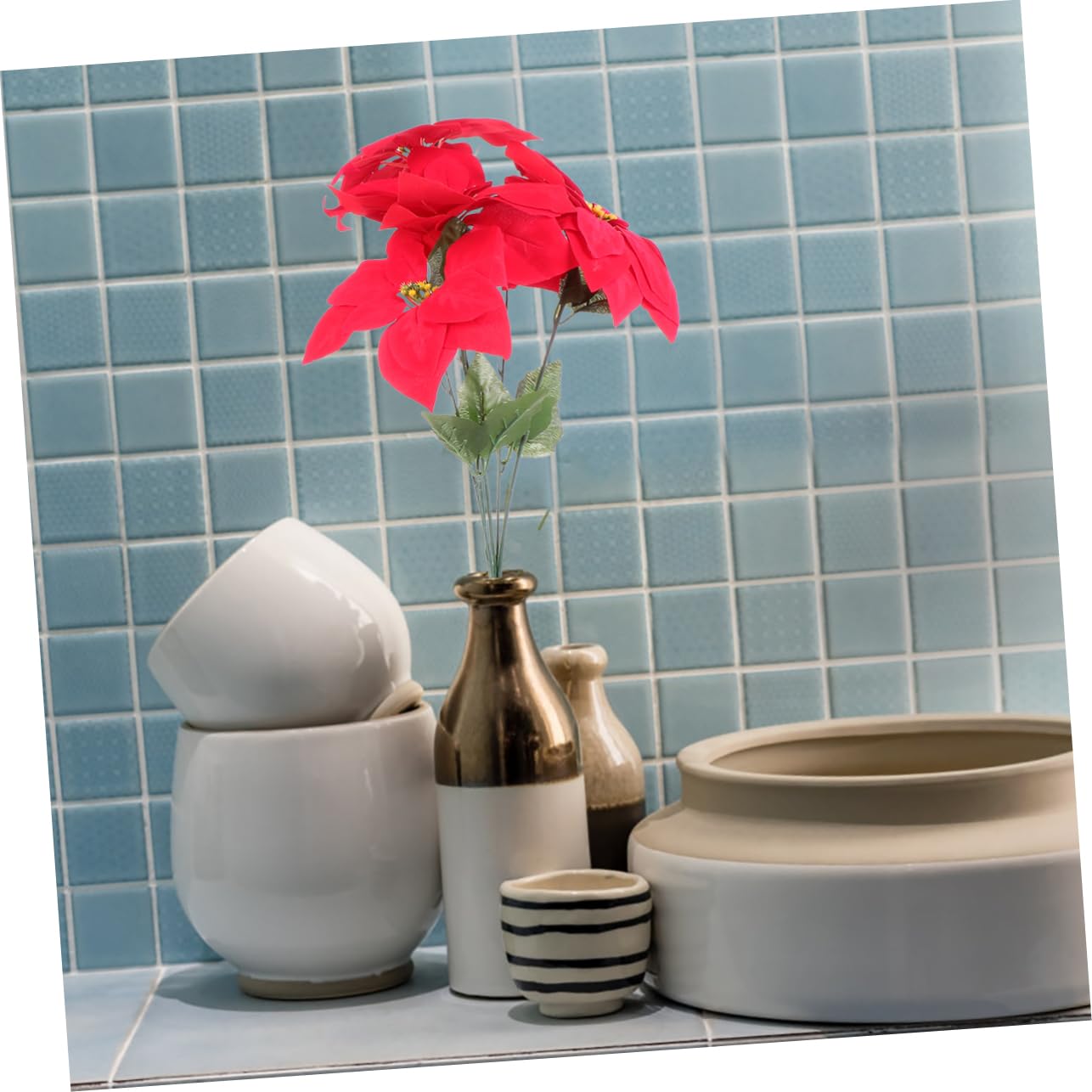 DECHOUS 2piezas Ramo De Flores Artificiales De Poinsettia Roja para Decoración Navideña De Poinsettia Simulada para Fiestas y Decoración del Hogar