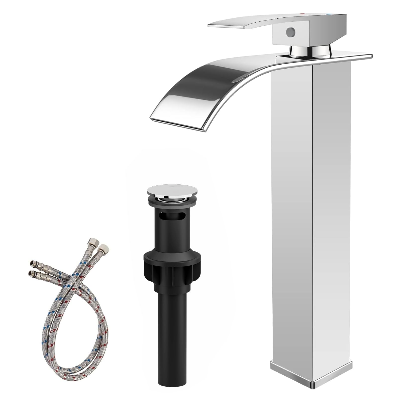 Sxithgkdw Chrome Vessel Sink Faucet Waterfall Bathroom Faucet For Sink 1 Hole Single Handle Tall Vanity Faucet Lavatory Deck Mount Mixer Tap With Pop-Up Drain