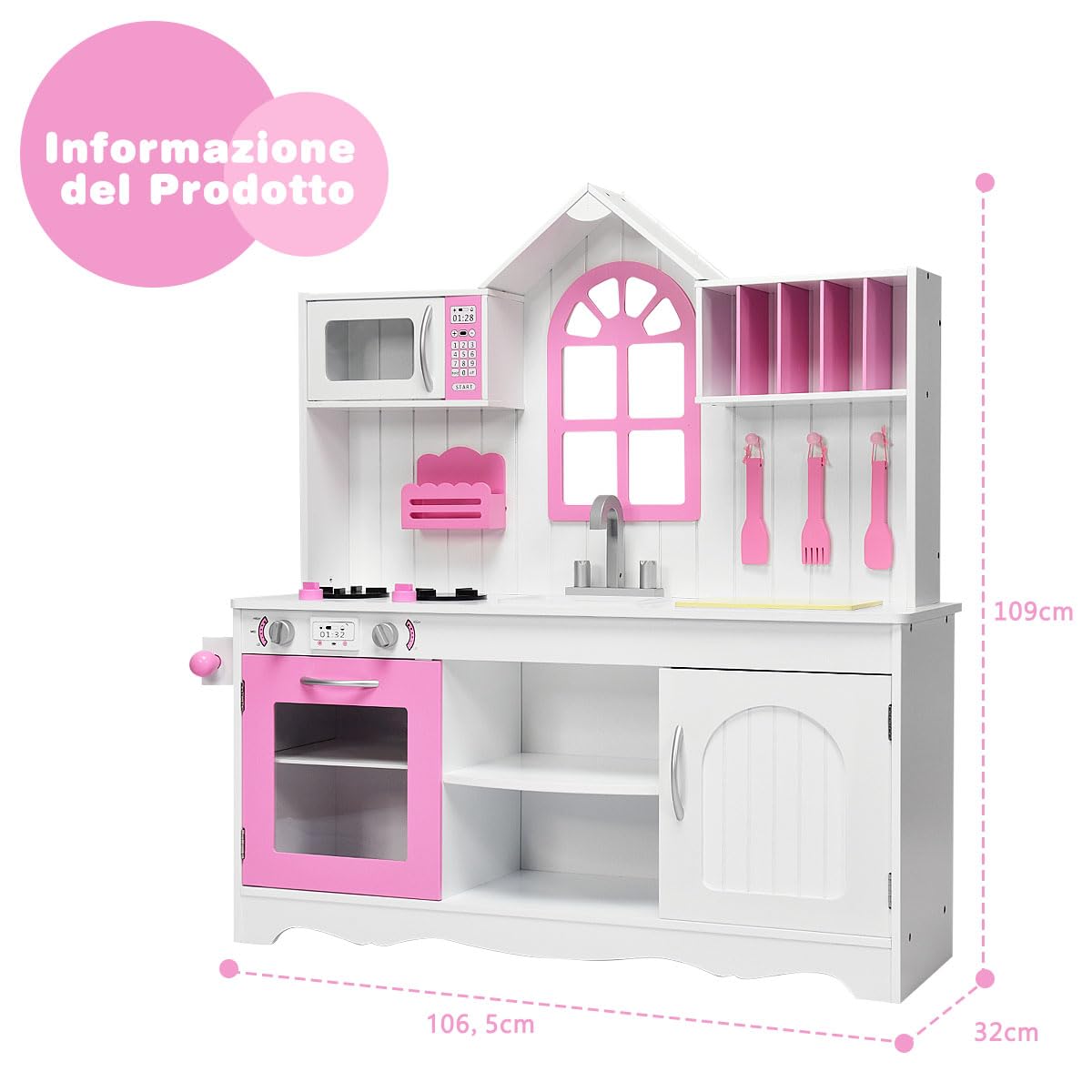 RELAX4LIFE Cucina Legno per Bambini, Cucina Giocattolo con Forno, Microonde e Fornelli, Mini Cucina, Giocattolo Educativo per Bambini 3+ Anni (Modello 1)