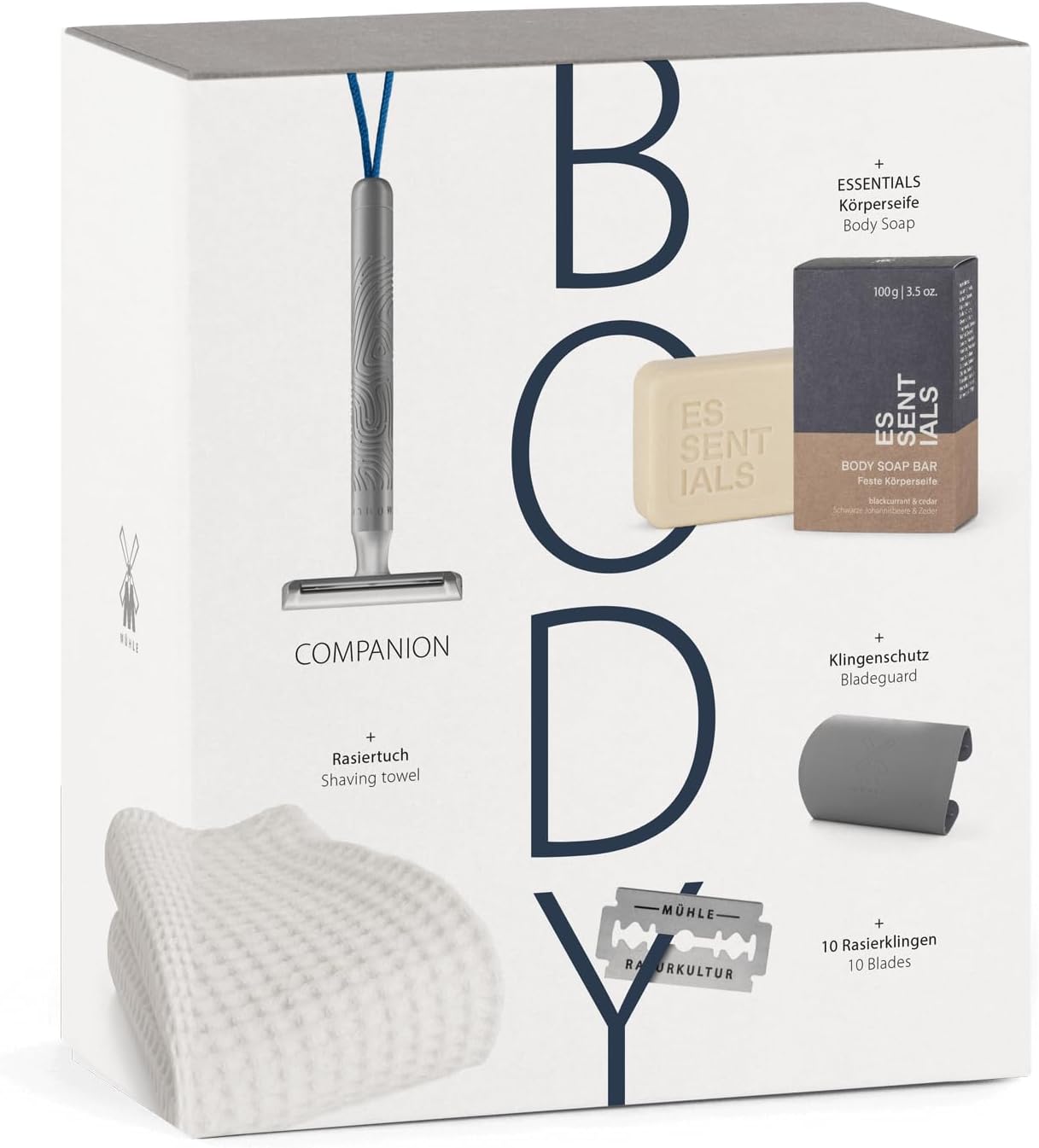 MÜHLE Gift Set Body: Companion Unisex Safety Razor Shaving Set | Shave Gift Set Including Body soap bar, Blade Guard, Razor Blade 10-Pack and Cotton Shave Towel