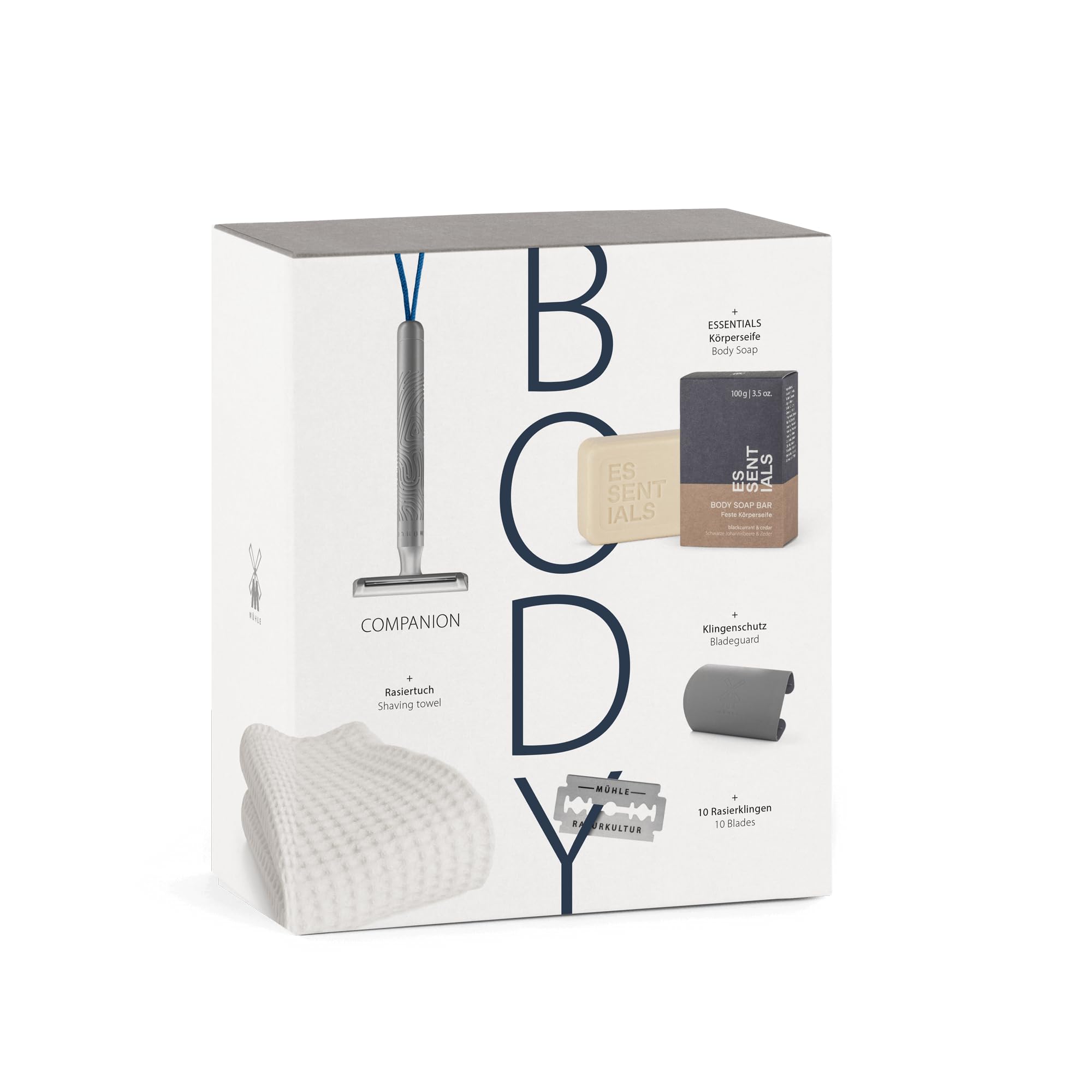 MÜHLE Body Geschenkset 14 tlg. - unisex Sicherheitsrasierer mit blauer Kordel, 10 Klingen, Körperseife, Tuch - vegan, nachhaltig