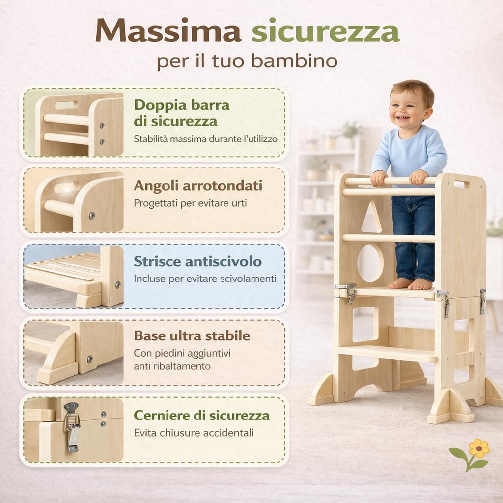 Torre Montessoriana Pieghevole 3 in 1 in Legno - Scala Montessori Stabile e Antiscivolo, Lavagna e Tavolino per Bambini di 18 Mesi per Stimolare Autonomia e Creatività (120 Adesivi Inclusi) - 3