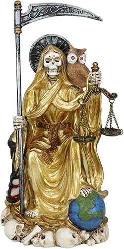 Miniatura 1 de Ebros Gift Santa Muerte sosteniendo guadaña reloj de arena y escalas de justicia con búho sabio sentado en el trono Estatuilla Hueso de la muerte