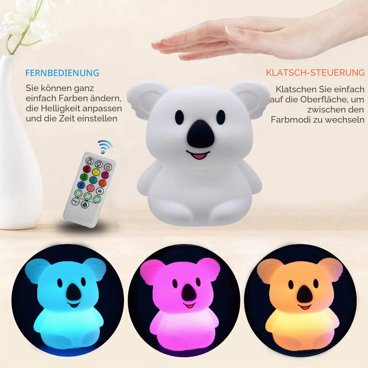 Große Koala Nachtlicht Nachttischlampe Schlafzimmerlicht Lampe Kinder, Baby Kinderzimmer Lampe, Augenpflege, einstellbare Helligkeit und Farbe, Zeiteinstellung - Groß