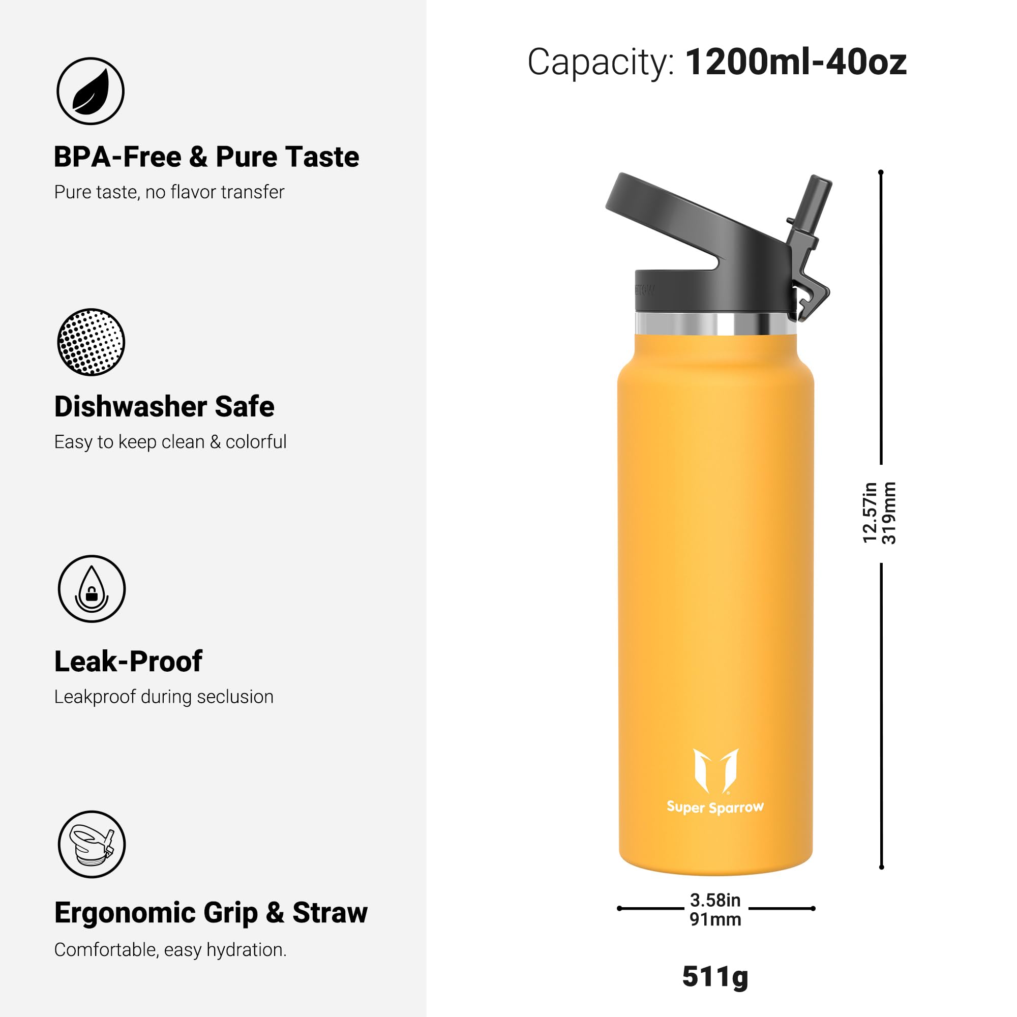 Super Sparrow Borraccia Termica - 500ml, 750ml, 1000ml, 1.2L, 1.5L- SwivelSip Inox Bottiglia - Senza BPA Borracce Termiche, Borraccia Ergonomica per Bambini, Sportiva, Bici, Campeggio, Palestra