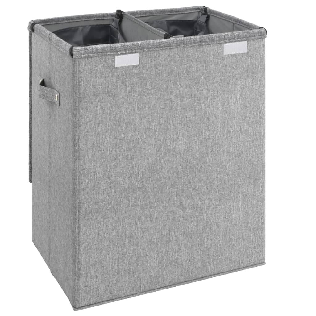 Faltbarer Wäschekorb Grau aus Leinenimitat, 51 x 34,5 x 59 cm, 2 Fächer, Deckel, Tragegriff, Wäschebox für Badezimmer Schlafzimmer Waschküche Ordnung