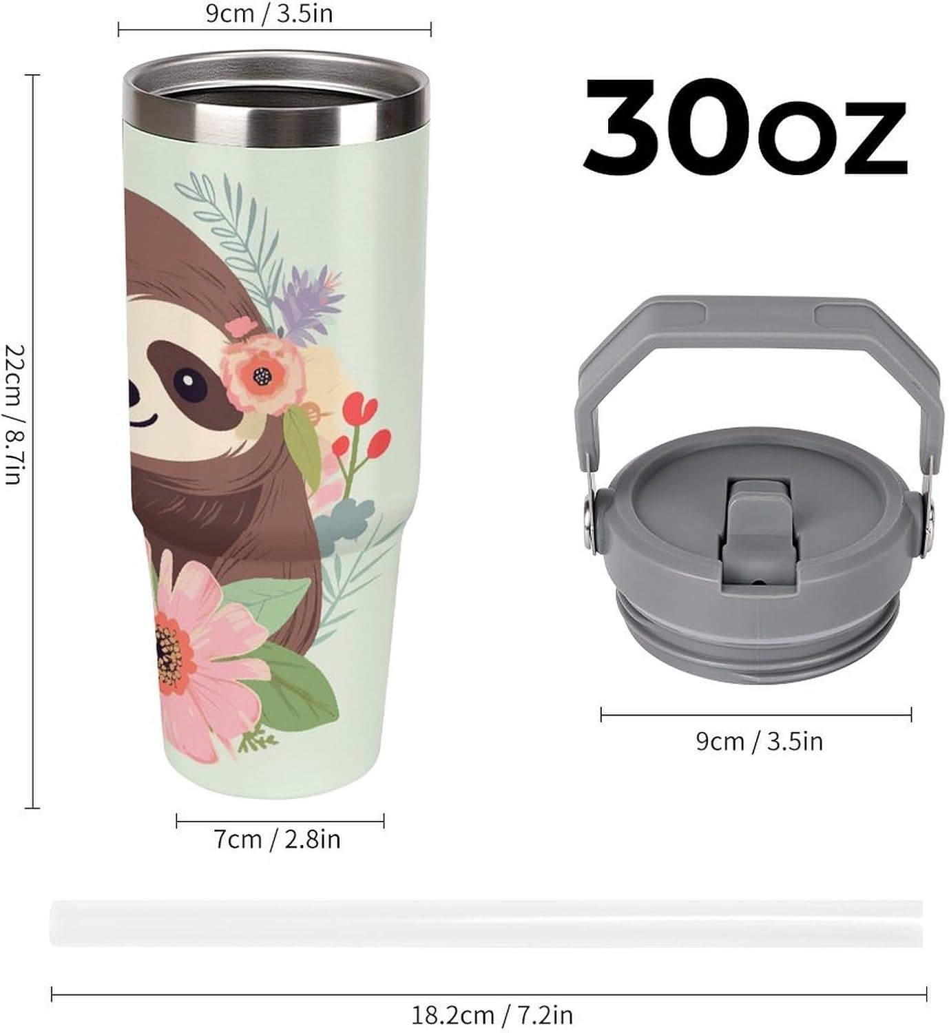 Sloth And Flowers Water Bottle 30 Oz Fits Car Cup Holder,Insulated Coffee Mug Large Capacity Car Cups,Stainless Steel Double Wall Sport Bottle for Travel Sports Gym