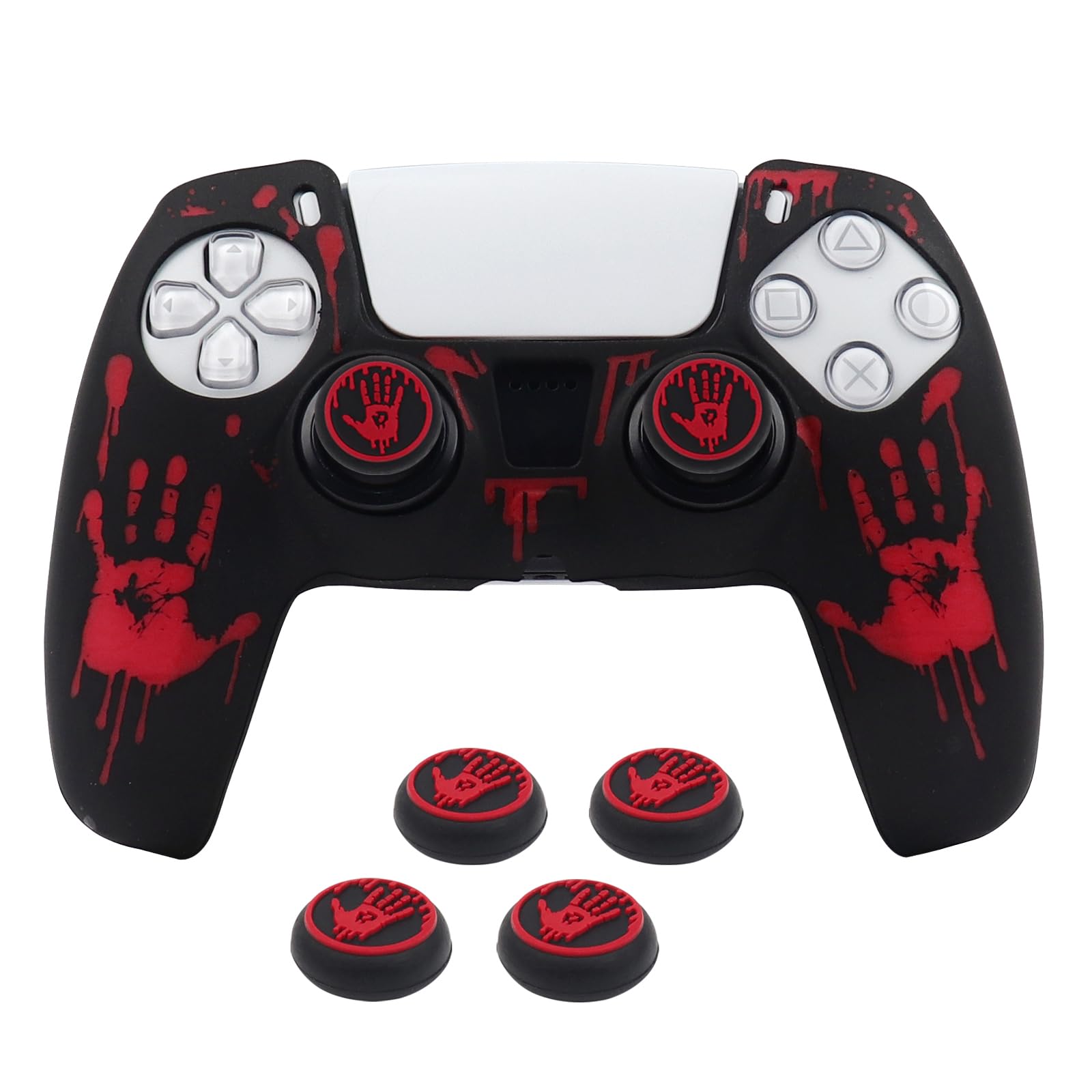 RALAN Laser Blood Handprint Design Controller Skin with 4 Thumb Grips for PS5, Anti-Slip Silicone Controller Cover Protector Case Compatible for PS5 Wireless/Wired Gamepad Joystick