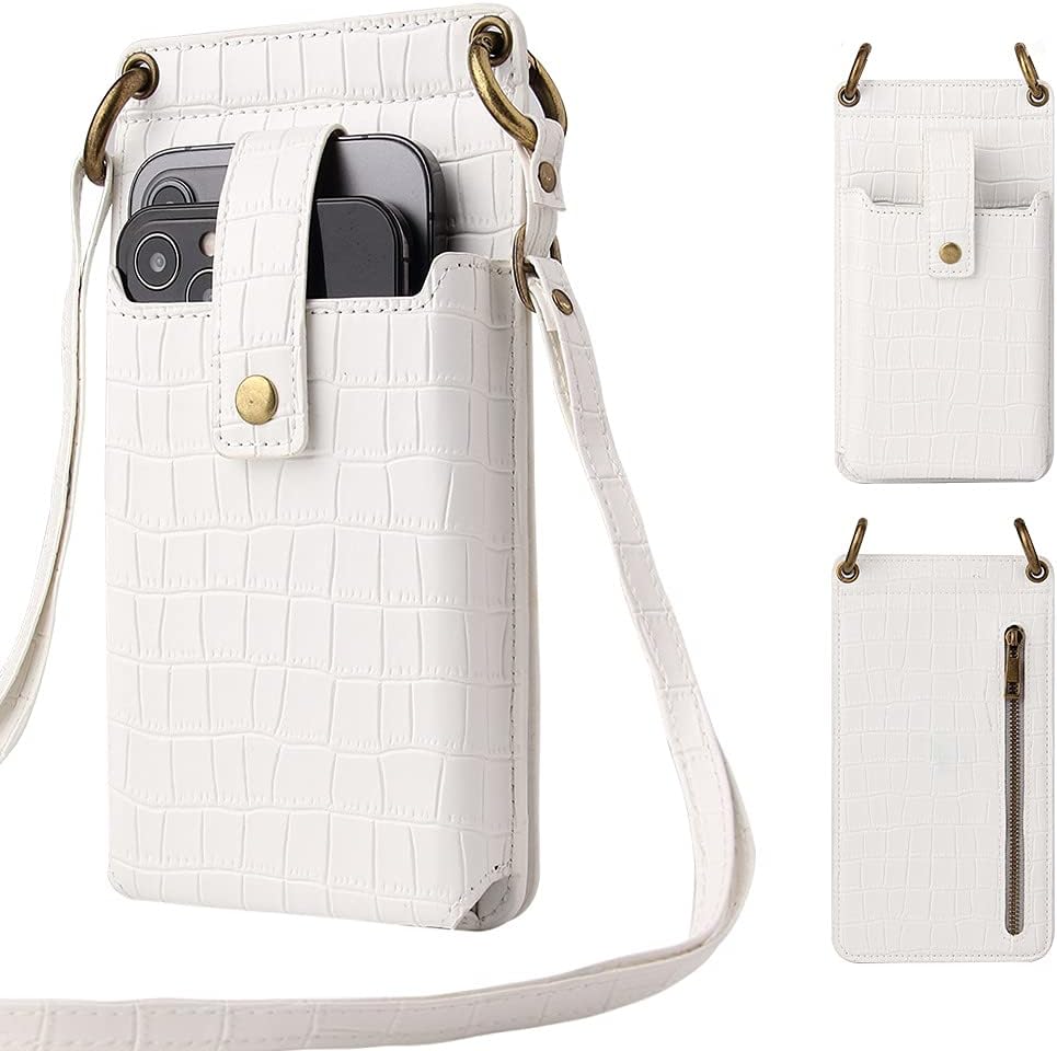 PU Leather Crossbody Cell Phone Bag for Women, Purse with Credit Card Slots and Mirror, Suit For Most Smartphone, White, One size