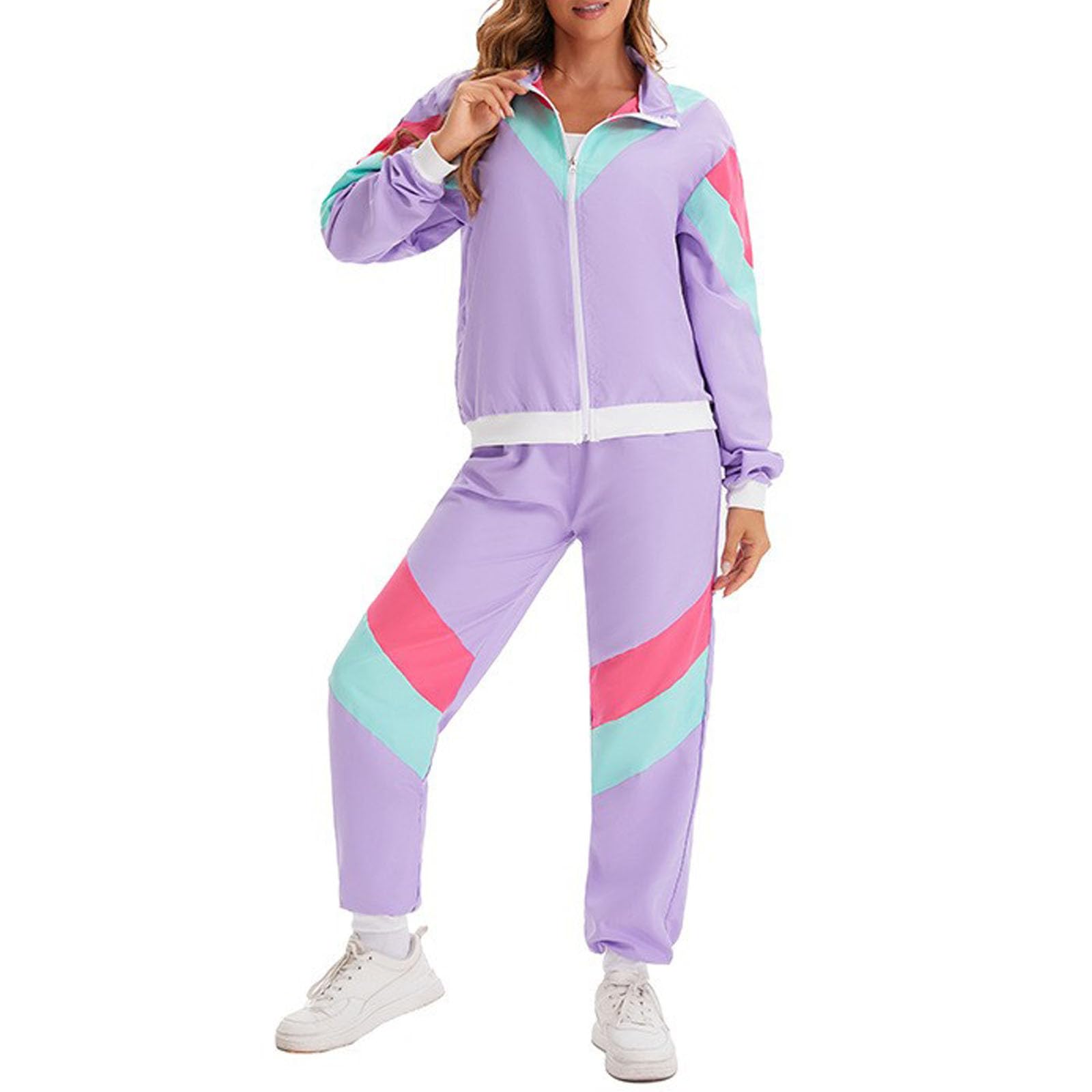 Disfraz de los años 80 para hombre y mujer, disfraz de los años 90, ropa para mujer, bloque de color, 2 piezas, manga larga, cortavientos, chaqueta, trajes, chándal, chándal para mujer para carnaval y