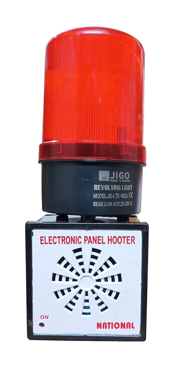 Hanutech Multi-Tone Industrial Panel Hooter with Revolving Flash Light Buzzer | Fire Alarm System with Revolving Red Light - 90-110db, 110/220V, Up to 110M Range