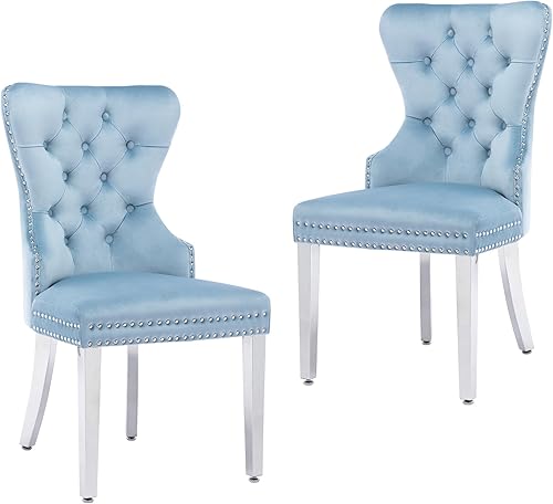 Juego de 2 sillas de comedor de terciopelo, sillas de comedor tapizadas con patas de acero inoxidable y tirador de anillo redondo, modernas sillas