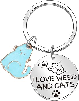 Cat Weed Keychain Cat Gift for Weed Lover Jewelry Cat Lover Keyring Cat Keychain for Him Her