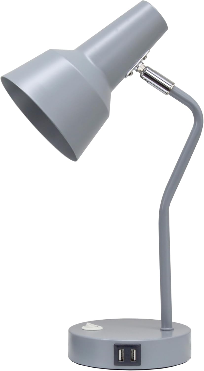 Simple Designs LD1072-GRY 15.2" Sleek Essentials Metal Cone Shade Desk Lamp with Adjustable Shade and Dual USB Ports, for Office, Desk, Nightstand, Dorm, Gray